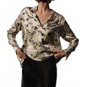 NEW CATHERINE GEE daria charms french cuff silk blouse in taupe w black